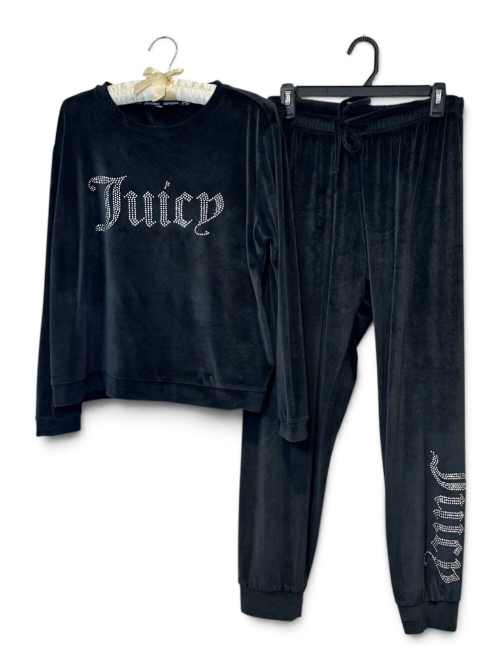 Juicy Couture Black Velour Tracksuit Y2K Size L 2pc Set Retro Sleepwear